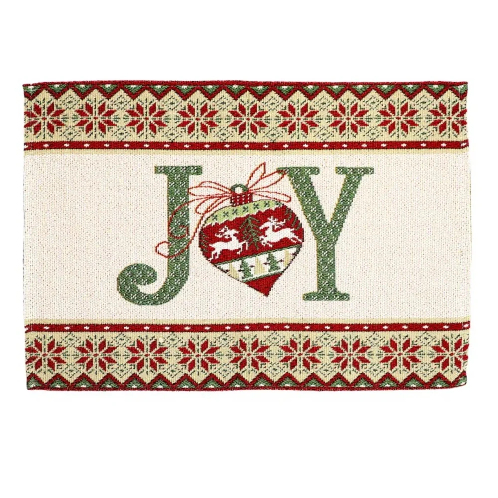 NWT- Set of 4- Cream- Red & Green JOY Ornament Holiday Tapestry Placemats 13x18